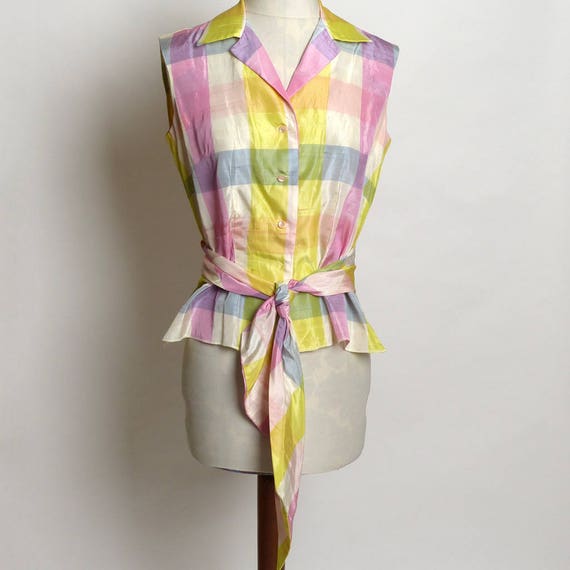 Circa 1950s Alex Colman Plaid Pastel Tie Blouse/To