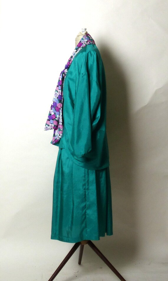 Circa 1970s Teal Suit Set with Silk Floral Sash - image 5