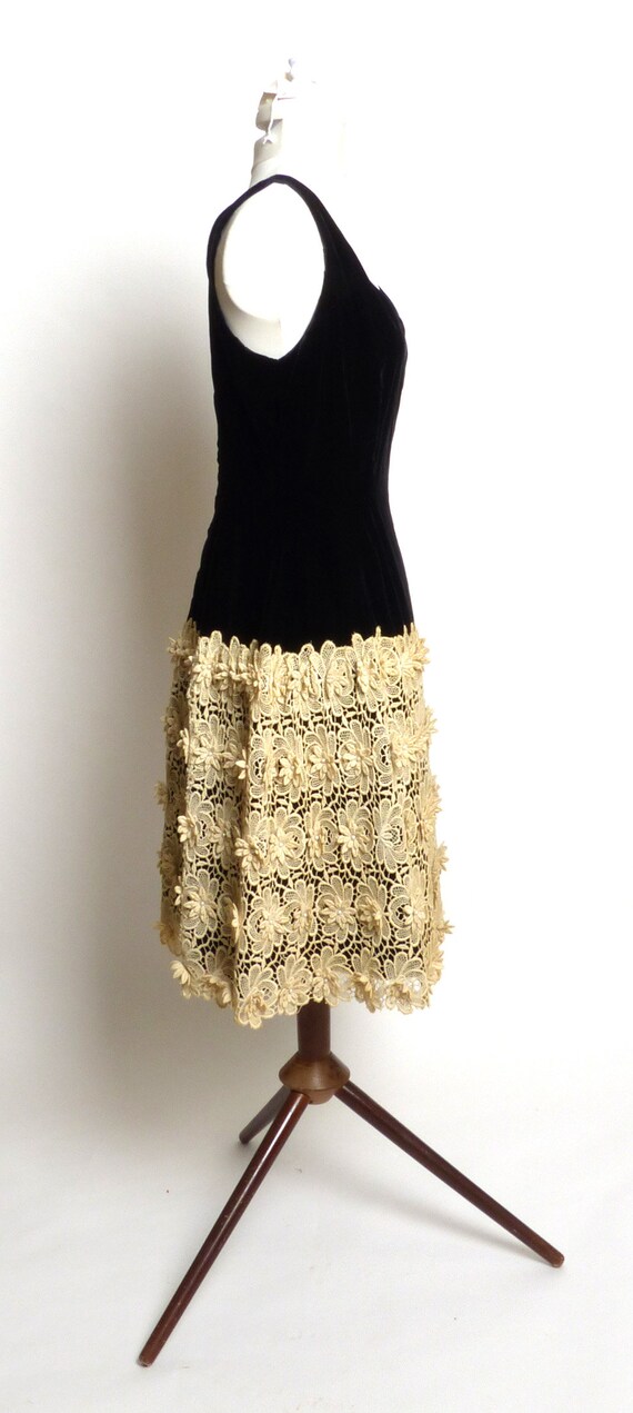 Circa 1950s Black Silk Velvet Dress with Crochete… - image 3