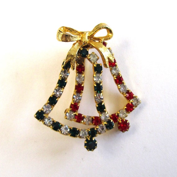Goldtone Rhinestone Christmas Bells Brooch/Pin - image 1