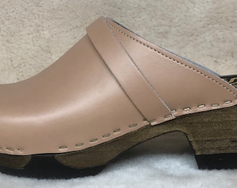 Sven Plain Clog with Strap, Smooth Camel Leather Shown, Cocoa Med. Bendable Base, #19-623  Select leather color/size, Women's Shoes/Clogs