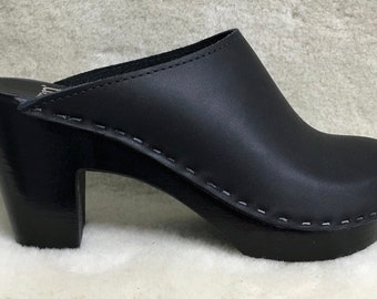 Svens Plain Clogs, Black High Heel, Black Buc Leather Shown, Style 129-83 BB Select leather color and size, Made to order, Women's shoes