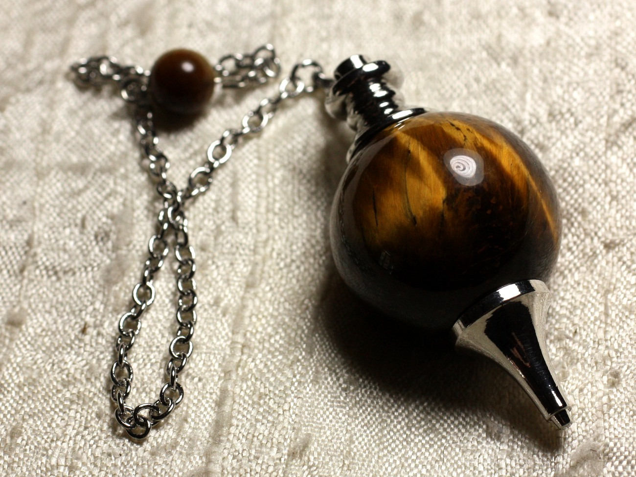 Rhodium Silver Plated Pendulum and Semi Precious Stone - Tiger Eye Ball 30mm