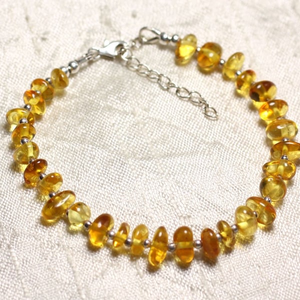 Bracelet Argent 925 et Pierre Ambre naturelle Baltique Miel Jaune Orange Chips Rondelles