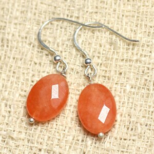 925 Silver and Stone Earrings - Orange Jade Faceted Ovals 14mm