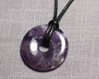 Semi Precious Stone Pendant Necklace - Amethyst Chevron Donut Pi 30mm