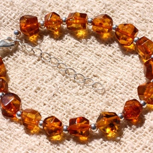 Bracelet Argent 925 et Ambre Naturelle Cognac Orange Cubes Facettés