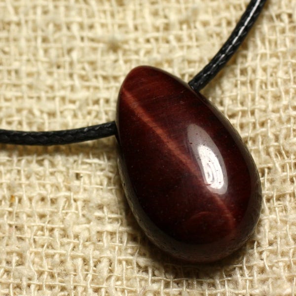 Stone Pendant Necklace - Bull's Eye Red Tiger Drop 25x15mm