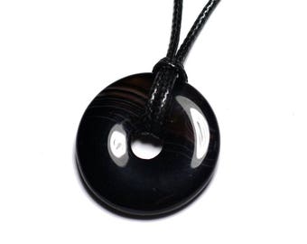 Semi Precious Stone Pendant Necklace - Black Agate Donut Pi 30mm