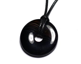 Collier Pendentif Pierre semi précieuse - Agate Noire Donut Pi 30mm