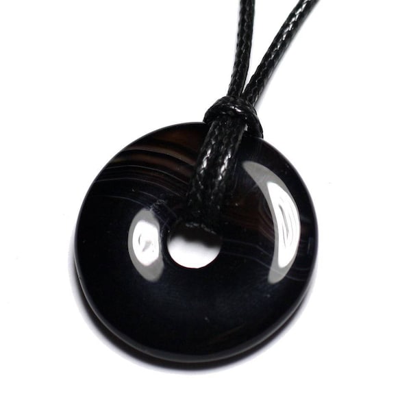 Collier Pendentif Pierre semi précieuse - Agate Noire Donut Pi 30mm