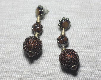 Boucles oreilles Résine CCB Verre - Marron Bronze pendantes boules 18mm - Ethnique Vintage designer francais - 8741140026322