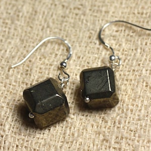 925 Silver Earrings - Golden Pyrite Cubes 10x10mm