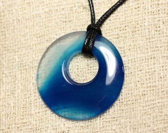 Stone Pendant Necklace - Donut Blue Agate 43mm N6