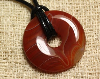 Collier Pendentif en Pierre - Agate Rouge Orange Donut 30mm