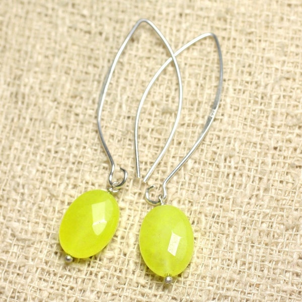 Boucles oreilles Argent 925 et Pierre - Jade Jaune Fluo Ovales Facettés 14mm