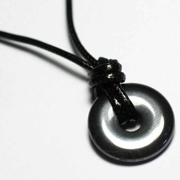 Collier Pendentif Pierre Hematite Rond Cercle Anneau Donut Pi 20mm Métal gris noir argenté