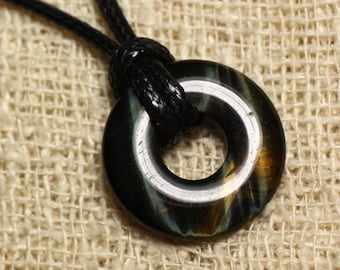 Stone Pendant Necklace - Hawk's Eye Donut 20mm