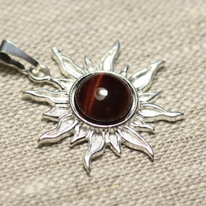 Pendant 925 sterling silver and bull red Tiger eye stone - Sun 28 mm - 10mm round