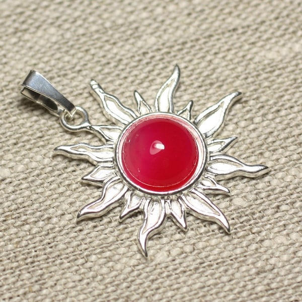 Pendentif Argent 925 et Pierre - Soleil 28mm - Agate rose fluo rond 10mm