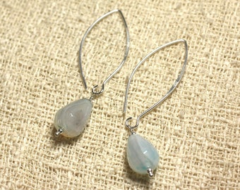 925 Silver Earrings Hooks 40mm - Blue Agate Faceted Drops 14x10mm