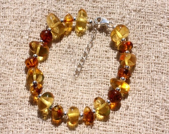 Bracelet Argent 925 et Pierre Ambre Naturelle Baltique Rondelles Miel Cognac Jaune Orange