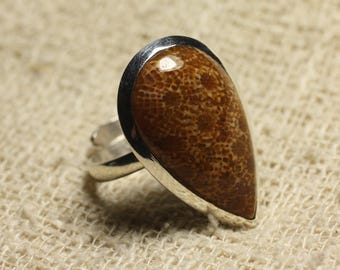 Ring 925 sterling silver and stone adjustable size - coral fossil drop 26x15mm
