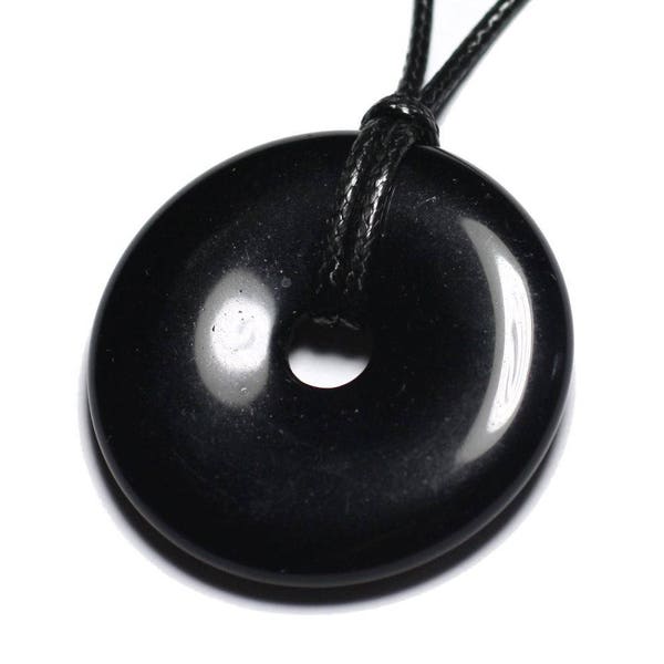 Collier Pendentif Pierre - Obsidienne Noire Rond Cercle Donut Pi 40mm