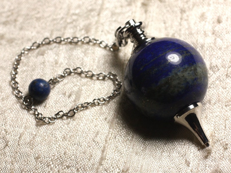 Pendule Métal Argenté Rhodium et Pierre semi précieuse Lapis Lazuli Boule 30mm image 1