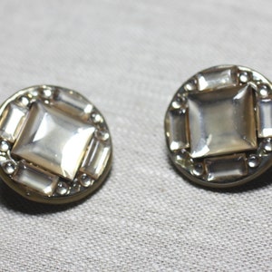 CCB Beige Resin Clip Earrings Round Rhinestones 30mm - Ethnic Vintage French designer - 8741140026537