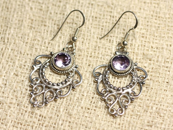 Boucles D'Oreilles Vintage Argent 925 - Améthyste Claire - Pendantes Dormeuses