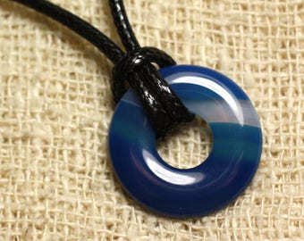 Stone Pendant Necklace - Donut Blue Agate 20mm