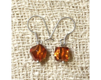 Boucles oreilles Argent 925 et Ambre naturelle baltique Cubes Nuggets Facettés Orange Cognac