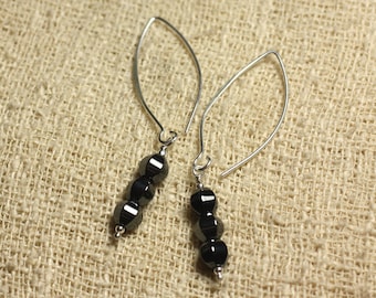 925 Silver Earrings Hooks 40mm - Faceted Hematite 6mm