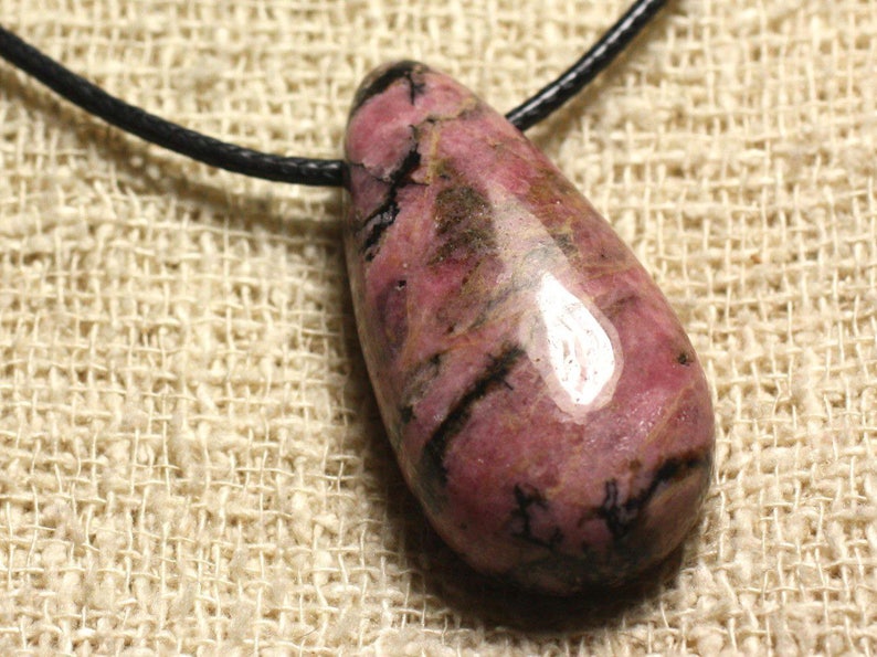 Collier Pendentif en Pierre Rhodonite Goutte 40mm image 1