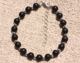 Bracelet Argent 925 et Pierre - Onyx noir mat givré 6mm