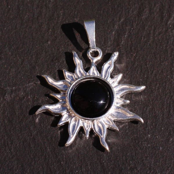 Pendentif Argent 925 et Pierre - Soleil 28mm - Onyx Noir 10mm