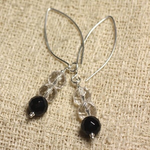 925 Silver Earrings Hooks 40mm - Black Onyx and Round Faceted Quartz Crystal 8mm