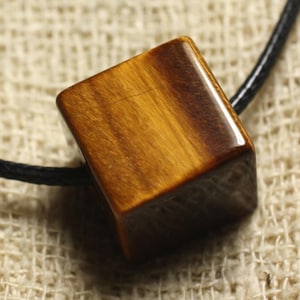 Collier Pendentif Pierre - Oeil de Tigre Cube 15mm Marron Doré Bronze Noir