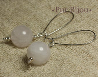 Earrings Silver Metal and Rose Quartz Stone Round Balls 16mm