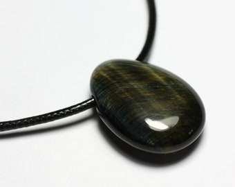 Stone Pendant Necklace - Hawk&#39;s Eye Tiger Drop 25mm black blue brown gold