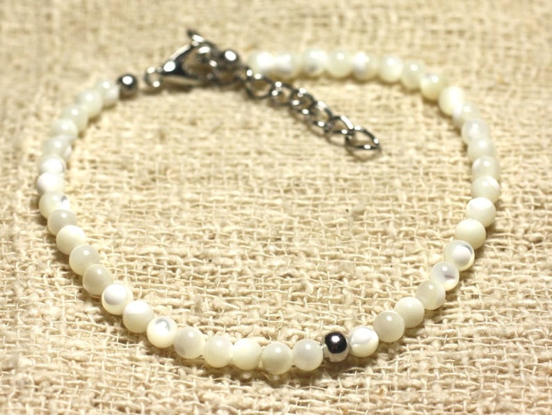 925 Silver Bracelet and 3mm Iridescent White Mother-of-Pearl Beads image 1