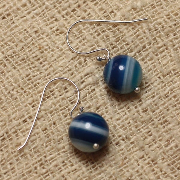 Boucles oreilles Argent 925 et Agate Bleue 10mm