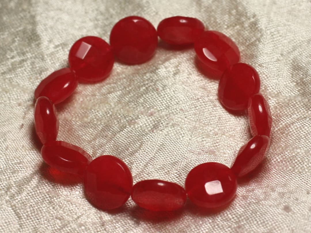 Fil De Perles En Jade Rouge - 27 Pièces Environ, Palets 14mm, Longueur 39cm - Neuf