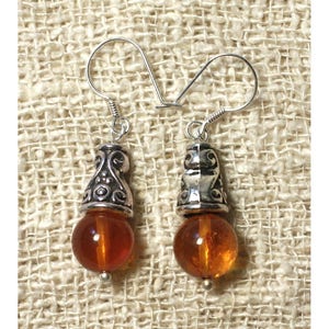 Boucles oreilles argent 925 et Pierre Ambre naturelle baltique boules 8mm orange cognac image 1