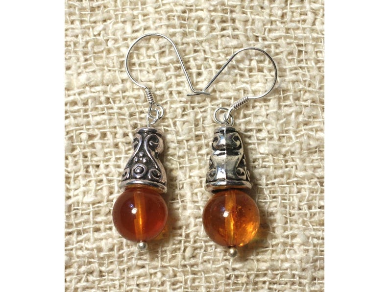 Boucles oreilles argent 925 et Pierre Ambre naturelle baltique boules 8mm orange cognac image 1