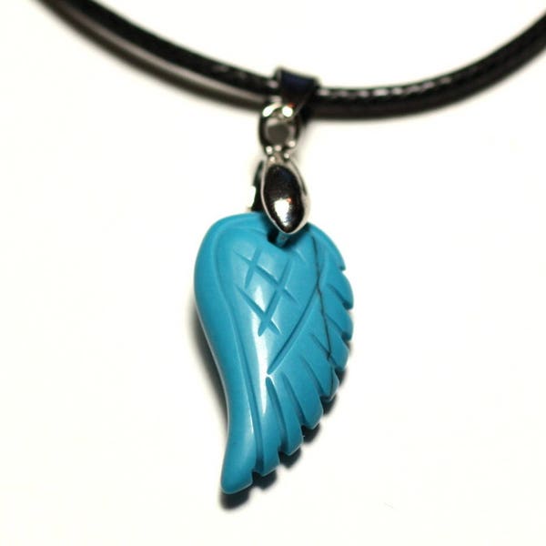 Collier Pendentif en Pierre - Aile gravée 24mm Turquoise synthèse