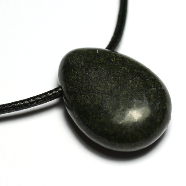 Collier Perle Pendentif Pierre Serpentine Goutte 25mm vert kaki noir