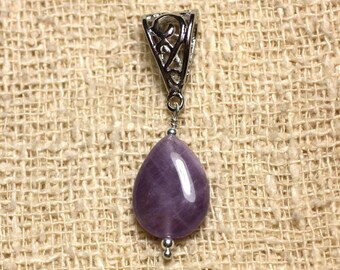 May include: A teardrop-shaped pendant with a purple amethyst stone and a silver filigree bail.