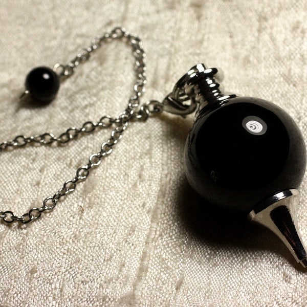 Pendule Métal Argenté Rhodium et Pierre semi précieuse - Agate noire Boule 25mm